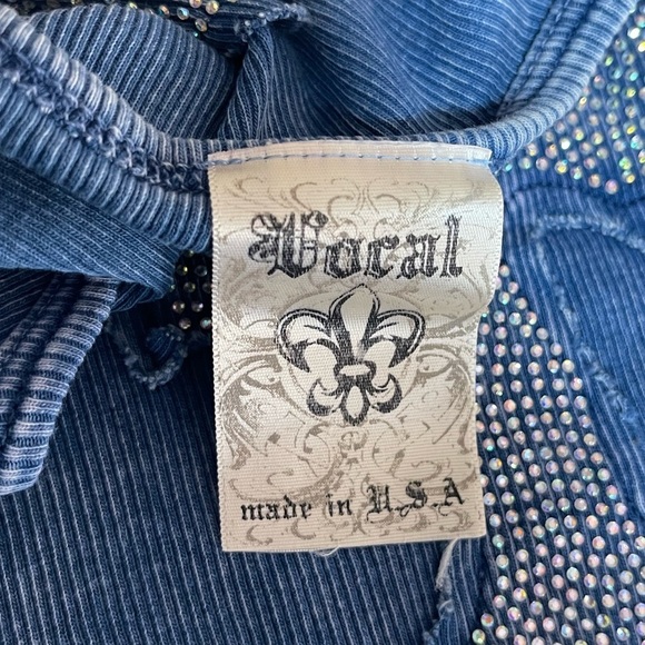 Vocal stretch faux crystal rhinestone crosses blue T-shirt women’s M - Picture 13 of 14
